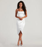 Margaret Satin Wrap Midi Prom Dress – Cowl Neck Formal Gown