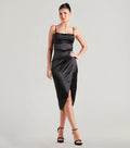Margaret Satin Wrap Midi Prom Dress – Cowl Neck Formal Gown