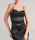 Margaret Satin Wrap Midi Prom Dress – Cowl Neck Formal Gown