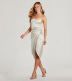 Margaret Satin Wrap Midi Prom Dress – Cowl Neck Formal Gown