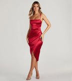 Margaret Satin Wrap Midi Prom Dress – Cowl Neck Formal Gown