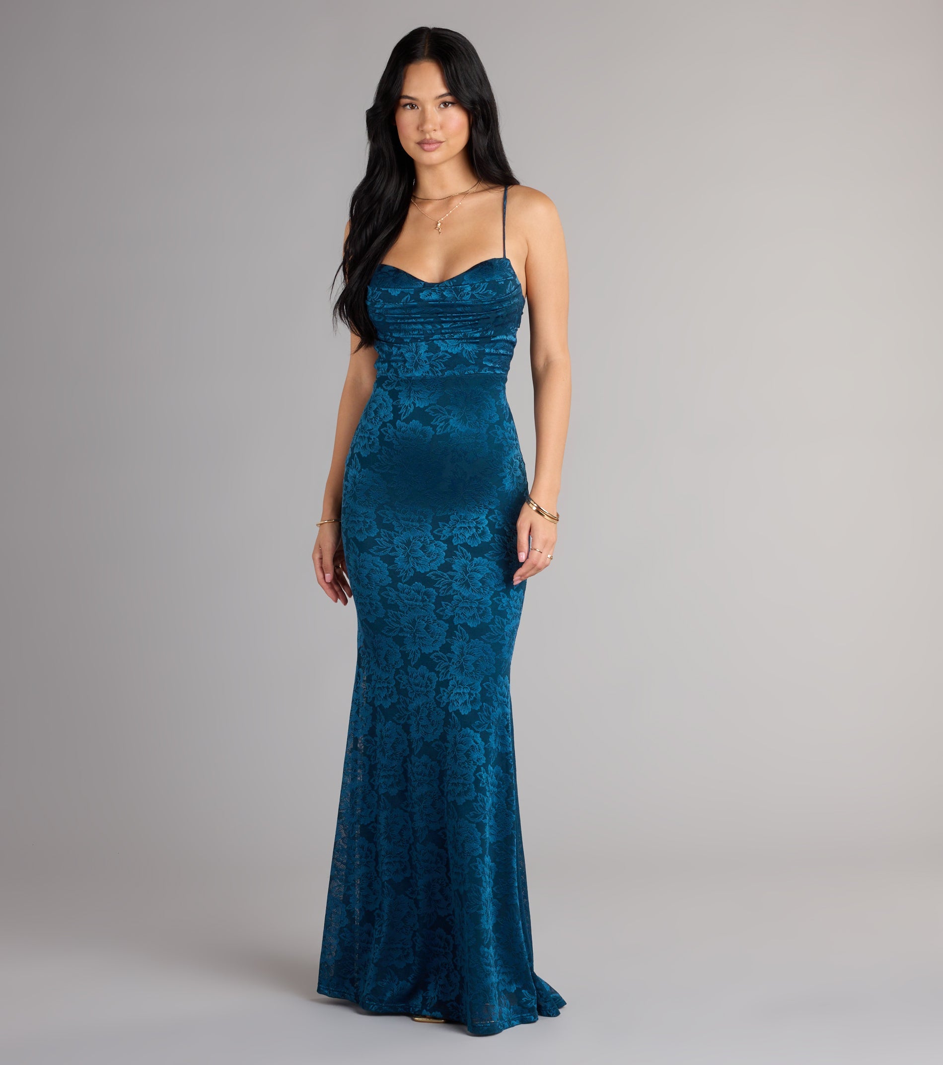 Haisley Floral Lace Mermaid Prom Dress – Open Back Long Formal Gown