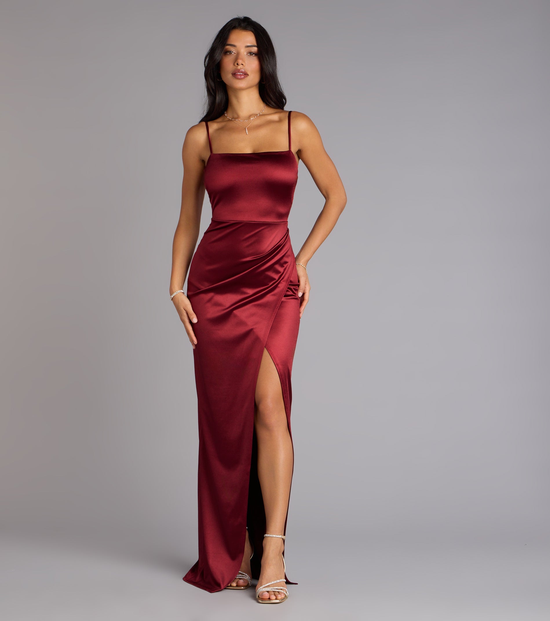 Mayra Satin Prom Dress – Square Neck High Slit Long Formal Gown