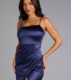 Rückansicht Mayra Satin Ballkleid Marineblau