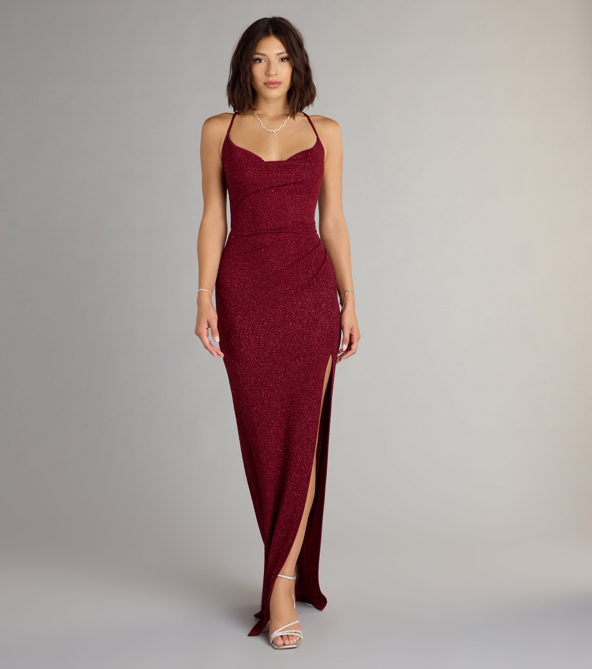 Amirah Glitter Column Prom Dress – Cowl Neck High Slit Formal Gown