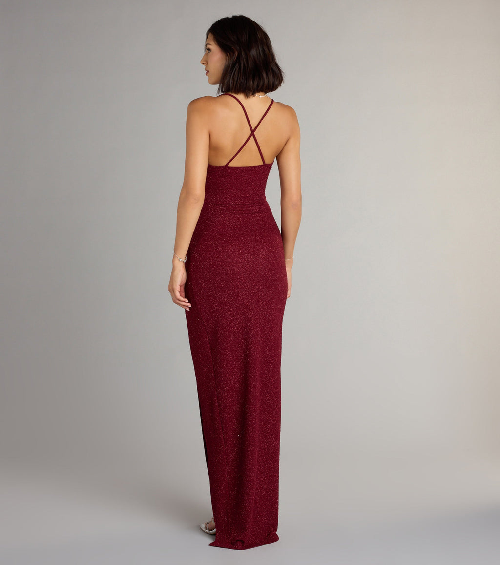 Amirah Glitter Column Prom Dress – Cowl Neck High Slit Formal Gown
