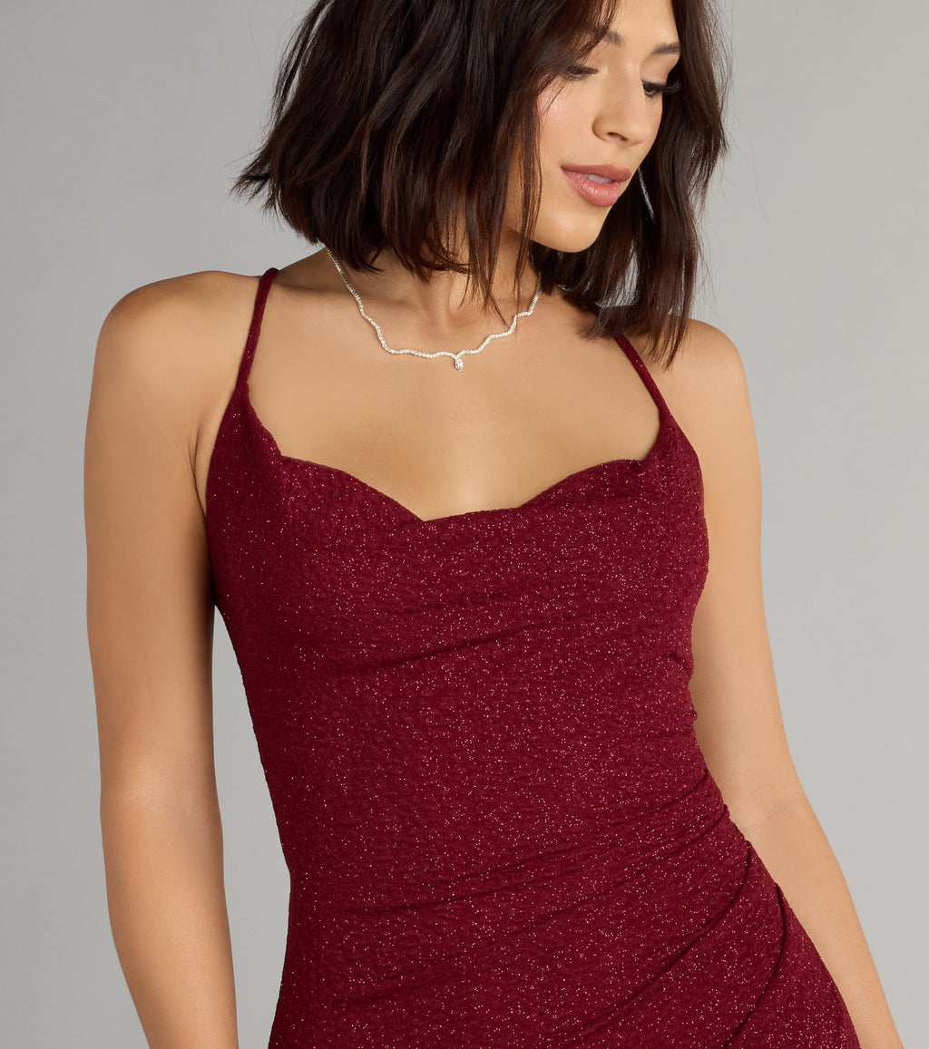 Amirah Glitter Column Prom Dress – Cowl Neck High Slit Formal Gown