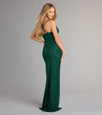 Amirah Glitter Column Prom Dress – Cowl Neck High Slit Formal Gown