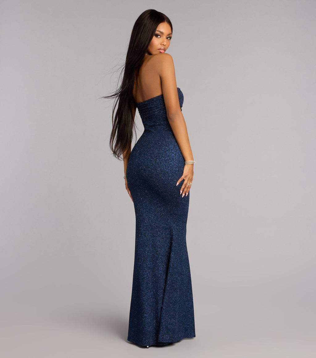 Audrina Glitter Knit Strapless Mermaid Formal Dress – Floor-Length Shimmer Gown