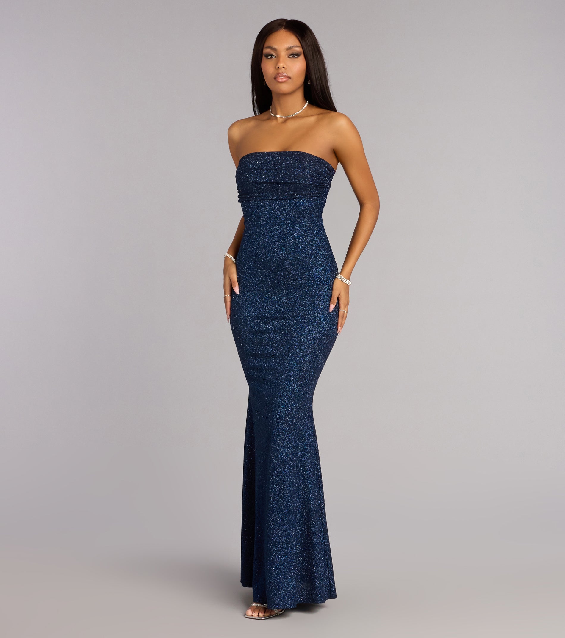 Audrina Glitter Knit Strapless Mermaid Formal Dress – Floor-Length Shimmer Gown