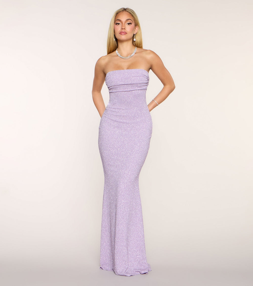Audrina Glitter Knit Strapless Mermaid Formal Dress – Floor-Length Shimmer Gown