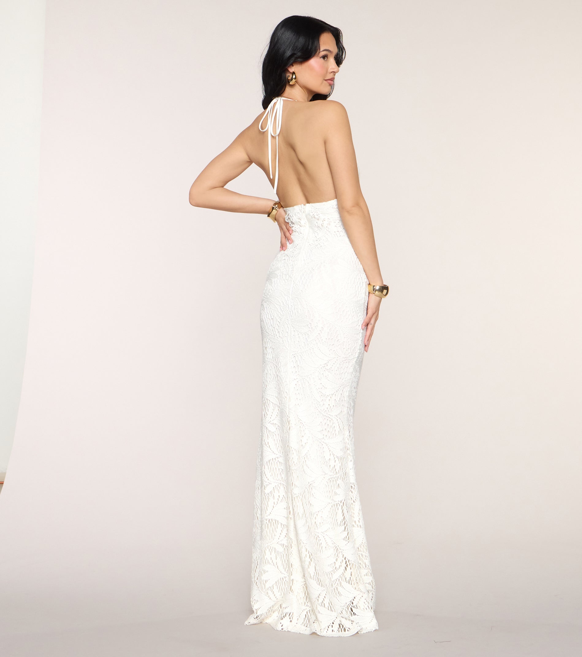 Ivory Crochet Halter Mermaid Dress – Floor-Length Formal Gown