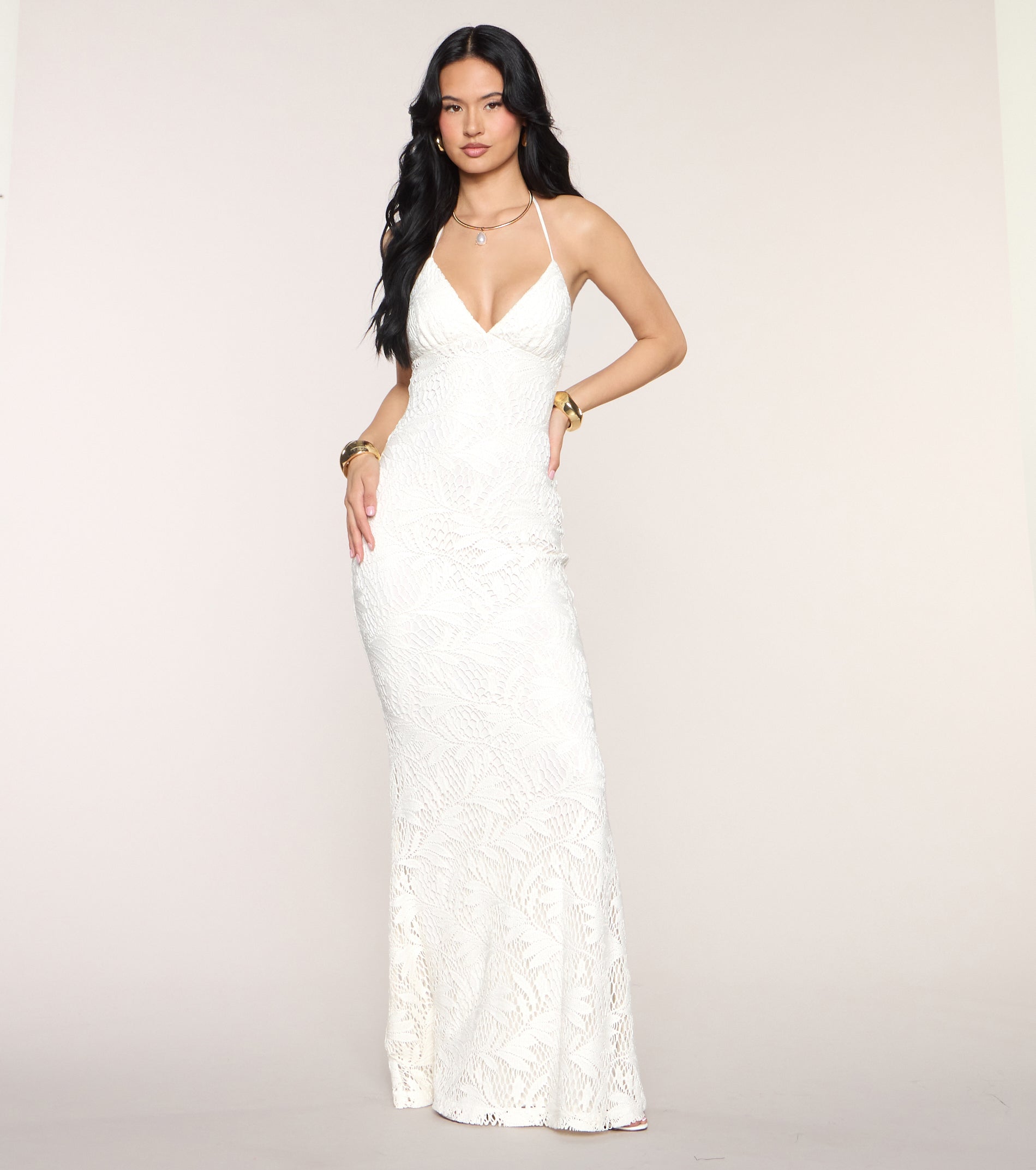 Ivory Crochet Halter Mermaid Dress – Floor-Length Formal Gown