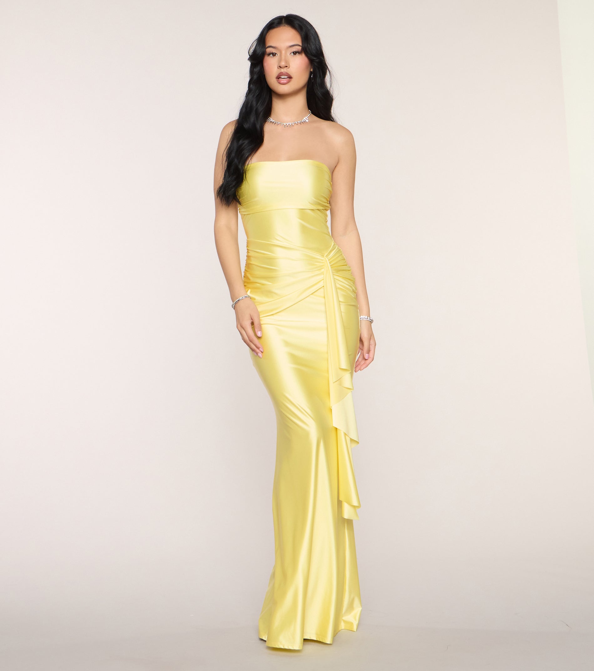 Yellow Strapless Mermaid Gown – Ruched Floor-Length Formal Dress