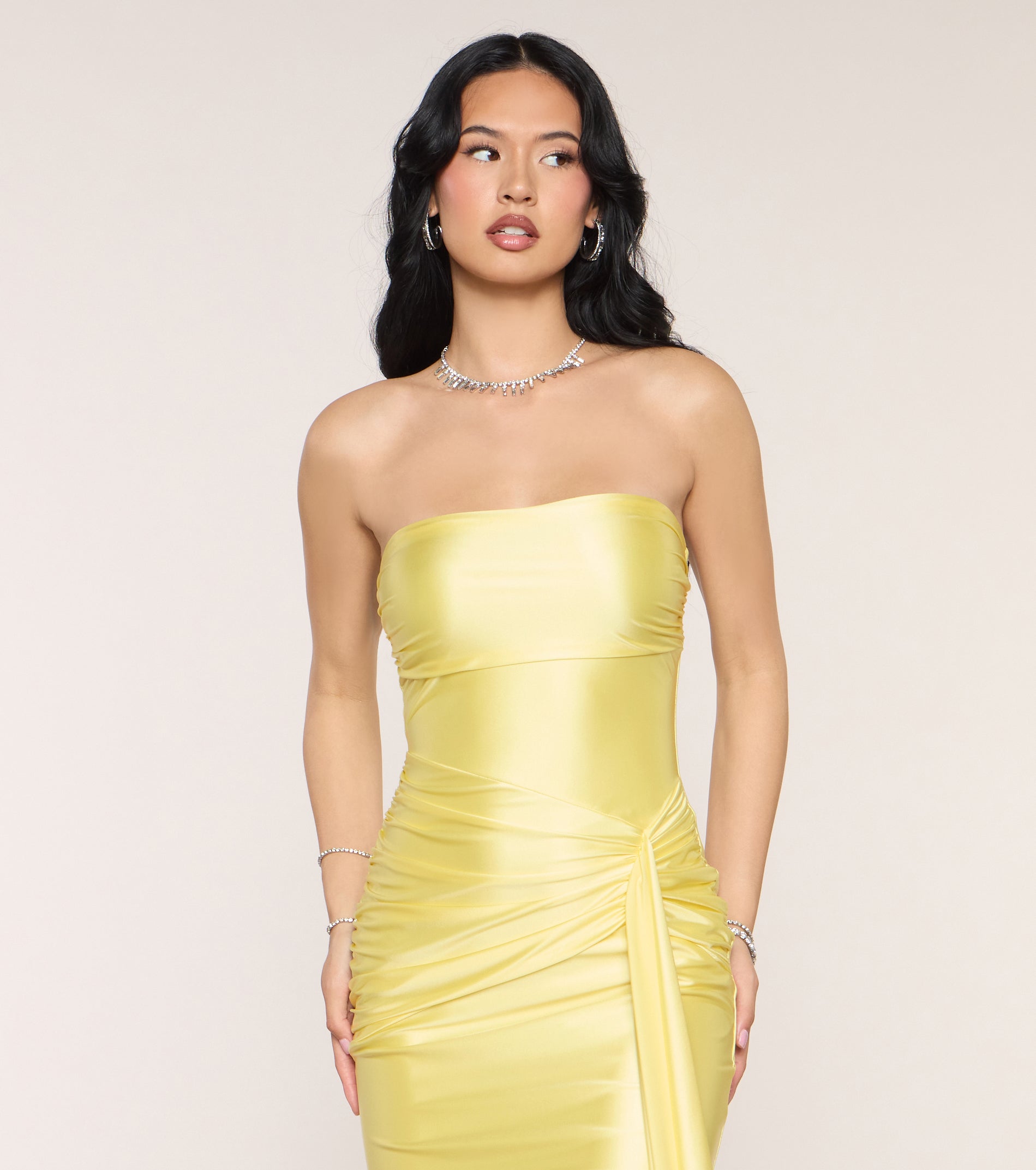 Yellow Strapless Mermaid Gown – Ruched Floor-Length Formal Dress