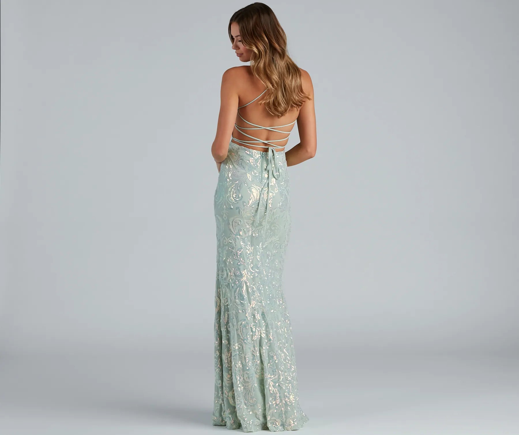 Edlyn Sequin Mermaid Prom Dress – Lace-Up Square Neck Long Formal Gown