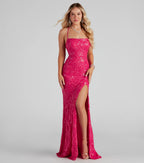 Rowena Pailletten Meerjungfrau Abendkleid Fuchsia – Frontansicht