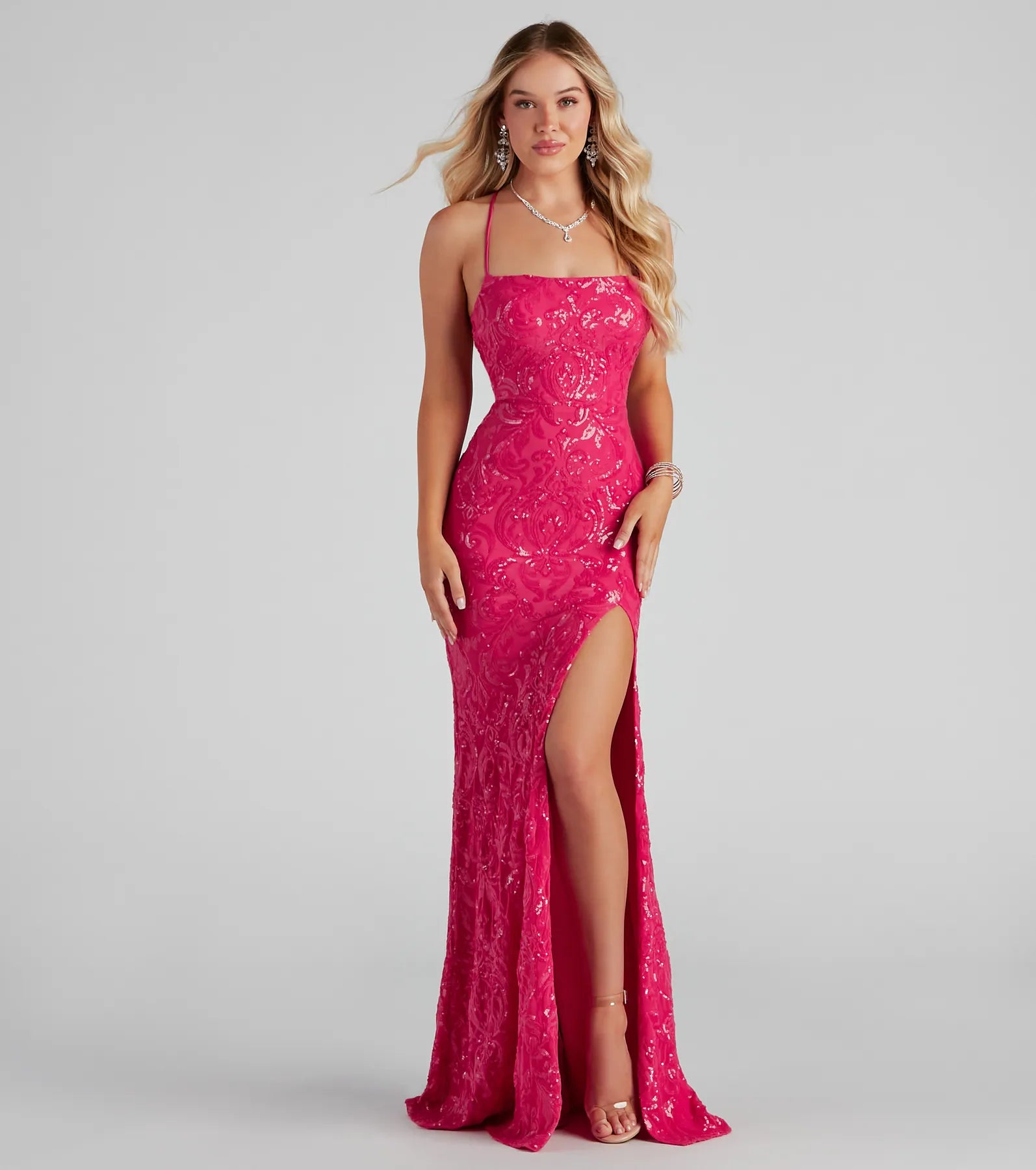 Rowena Pailletten Meerjungfrau Abendkleid Fuchsia – Frontansicht
