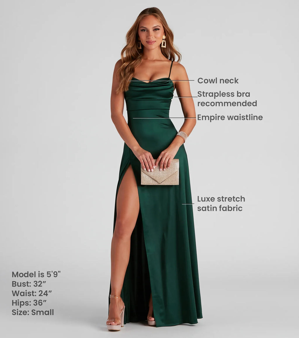 Marissa Satin Brautjungfernkleid Grün – Ganzkörperansicht