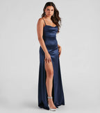 Marissa Satin Abendkleid Marineblau – Frontansicht Ballkleid