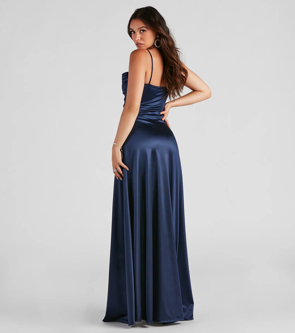 Marissa Satin Ballkleid Marineblau Seitenansicht