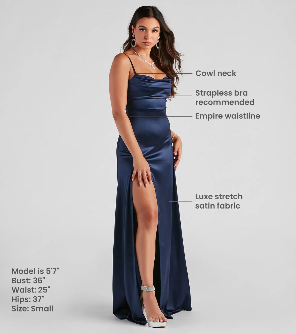 Marissa Satin Brautjungfernkleid Marineblau – Ganzkörperansicht