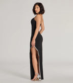 Teigen Rhinestone Crepe Prom Dress – V-Neck High Slit Long Formal Gown