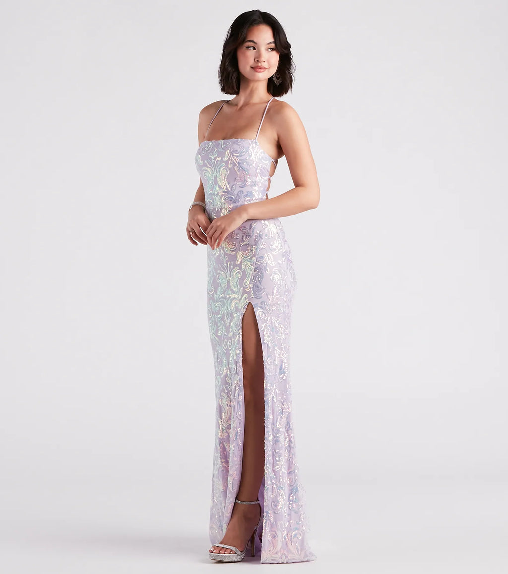 Edlyn Sequin Mermaid Prom Dress – Lace-Up Square Neck Long Formal Gown