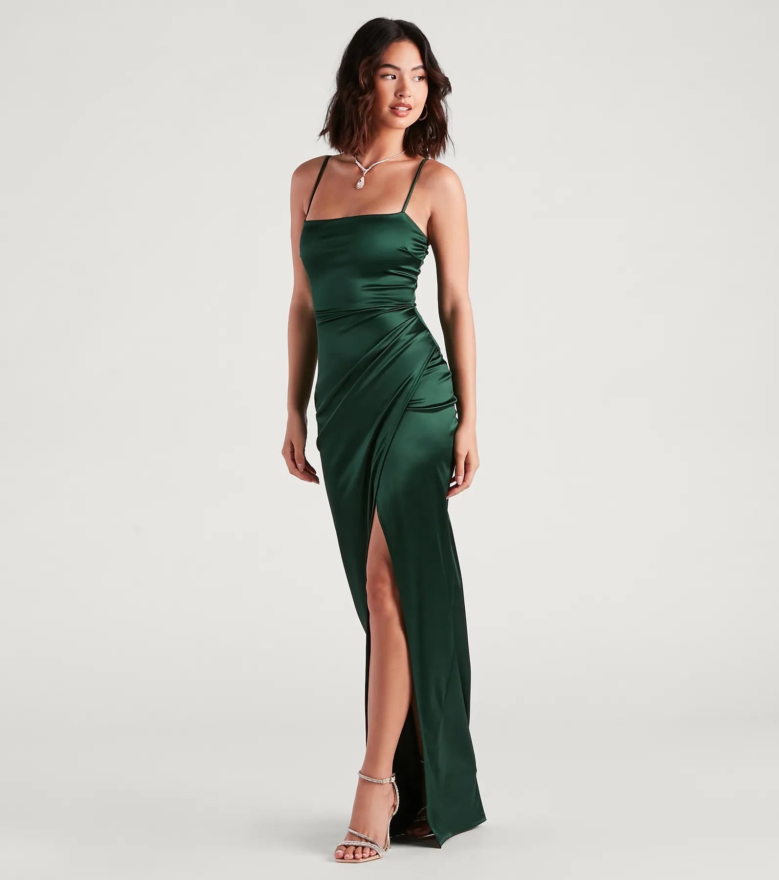 Mayra Satin Prom Dress – Square Neck High Slit Long Formal Gown