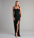 Savannah Crepe Column Prom Dress – Square Neck High Slit Formal Gown