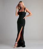 Savannah Crepe Column Prom Dress – Square Neck High Slit Formal Gown