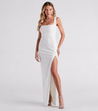 Savannah Crepe Column Prom Dress – Square Neck High Slit Formal Gown