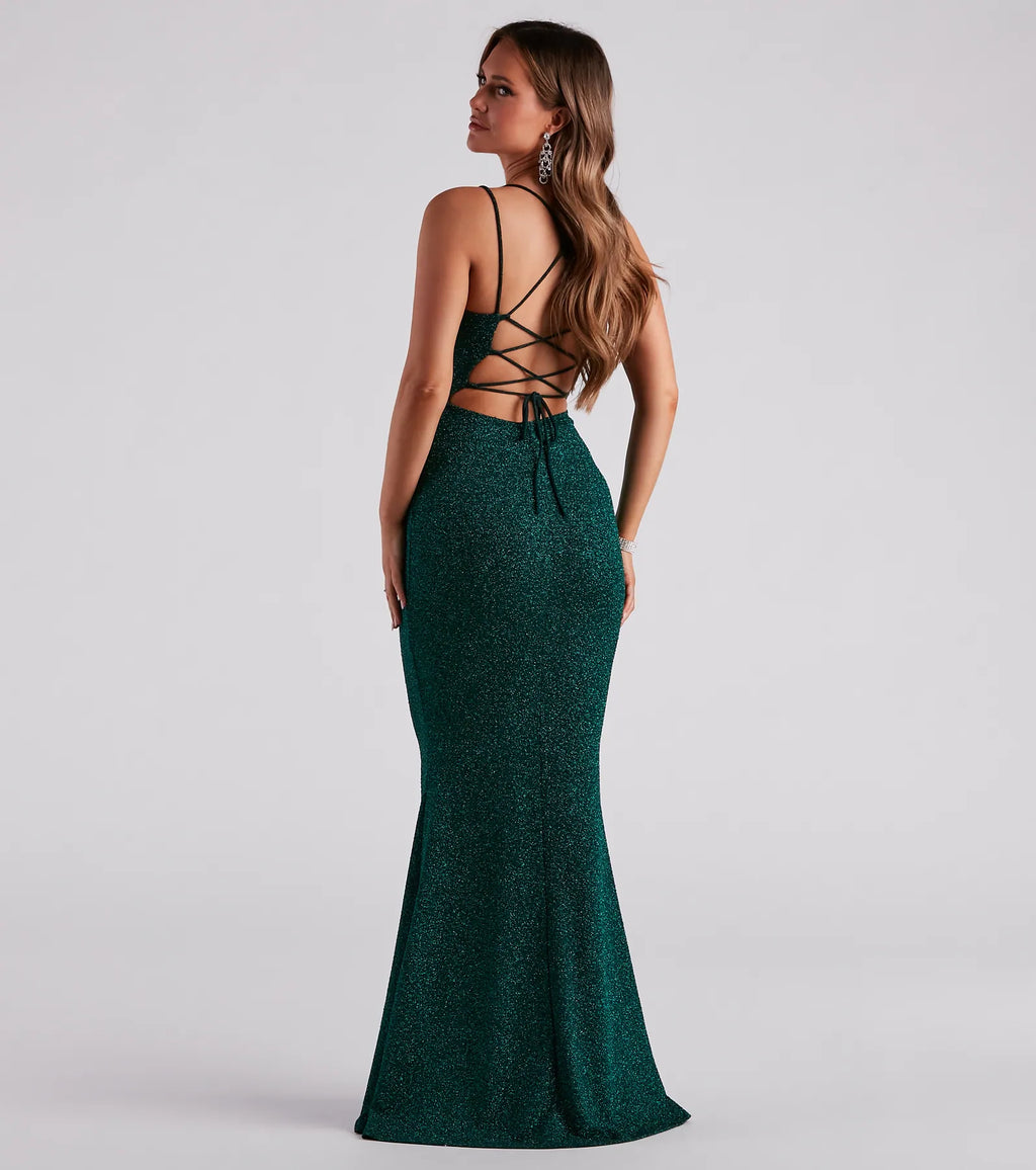 Rachel Glitter Mermaid Prom Dress – Lace-Up Long Formal Gown