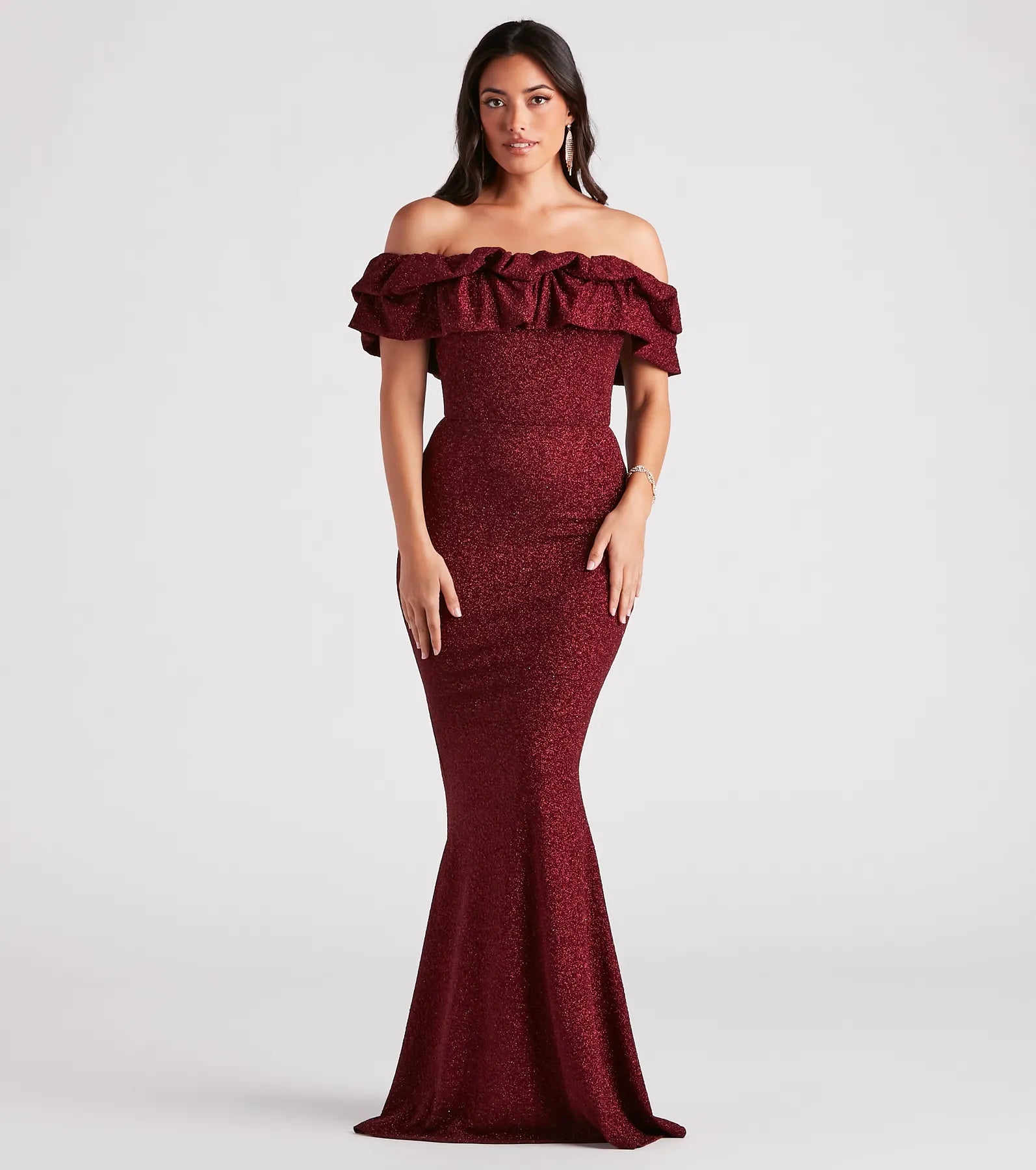 Halsey Glitter Mermaid Prom Dress – Off-Shoulder Ruffled Formal Gown