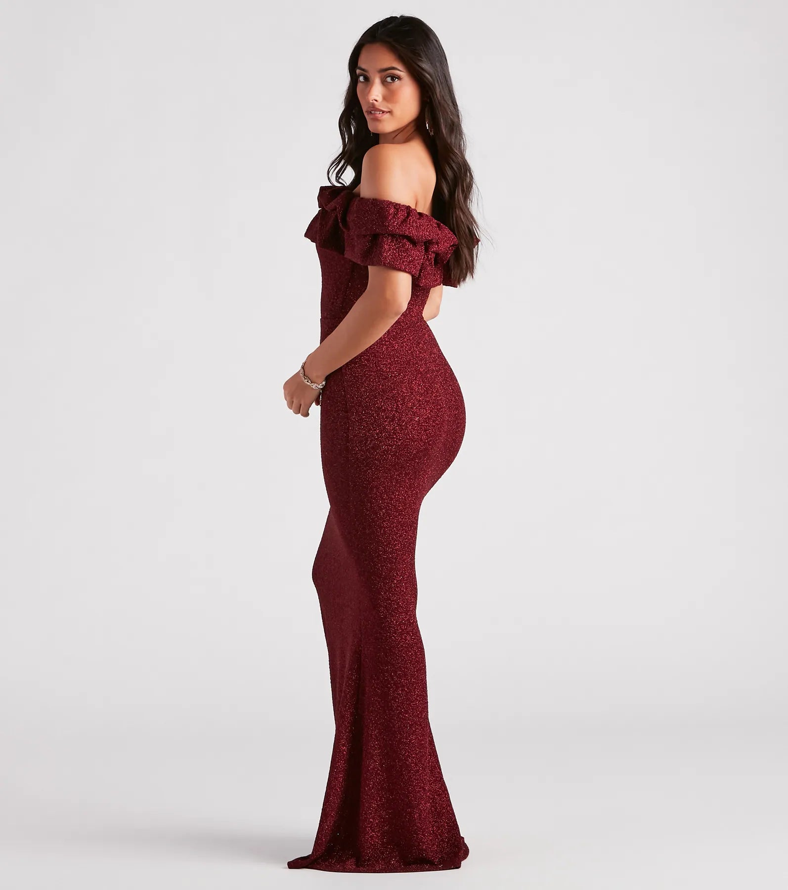 Halsey Glitter Mermaid Prom Dress – Off-Shoulder Ruffled Formal Gown