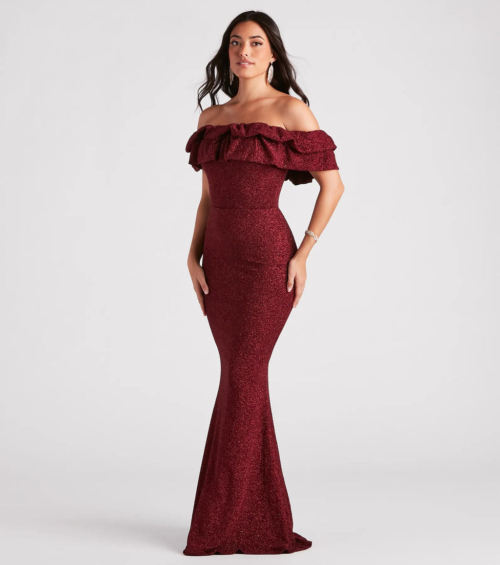 Halsey Glitter Mermaid Prom Dress – Off-Shoulder Ruffled Formal Gown