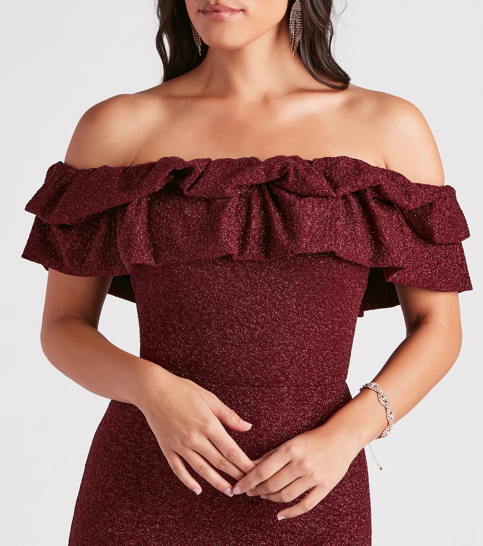 Halsey Glitter Mermaid Prom Dress – Off-Shoulder Ruffled Formal Gown