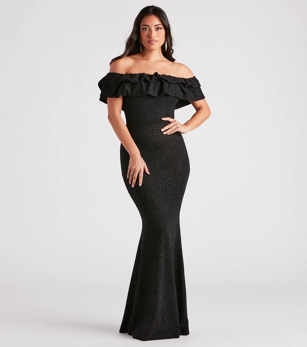 Halsey Glitter Mermaid Prom Dress – Off-Shoulder Ruffled Formal Gown
