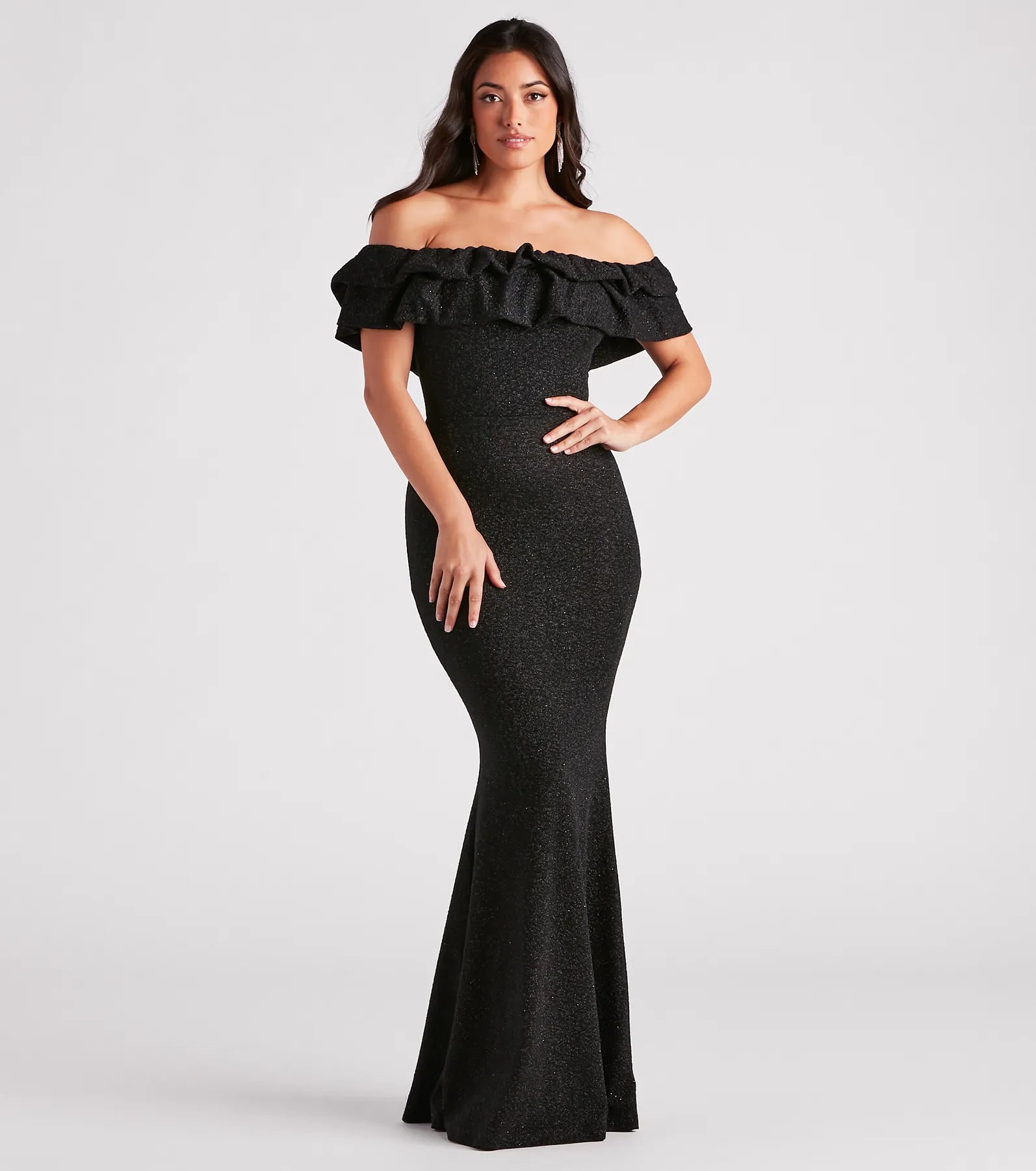 Halsey Glitter Mermaid Prom Dress – Off-Shoulder Ruffled Formal Gown