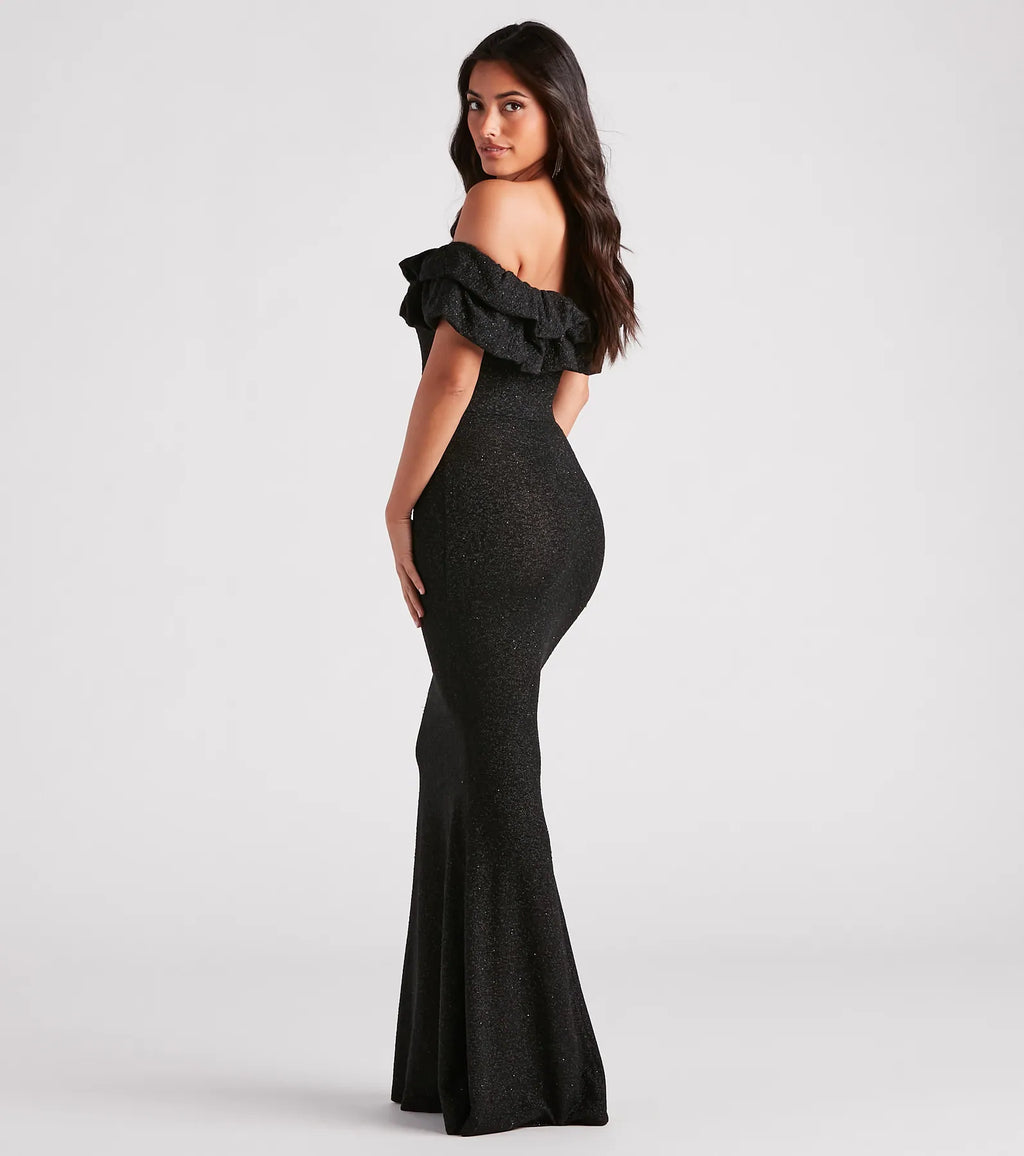 Halsey Glitter Mermaid Prom Dress – Off-Shoulder Ruffled Formal Gown