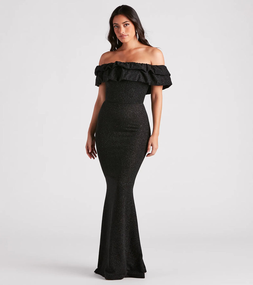 Halsey Glitter Mermaid Prom Dress – Off-Shoulder Ruffled Formal Gown
