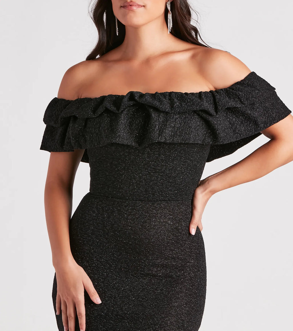 Halsey Glitter Mermaid Prom Dress – Off-Shoulder Ruffled Formal Gown