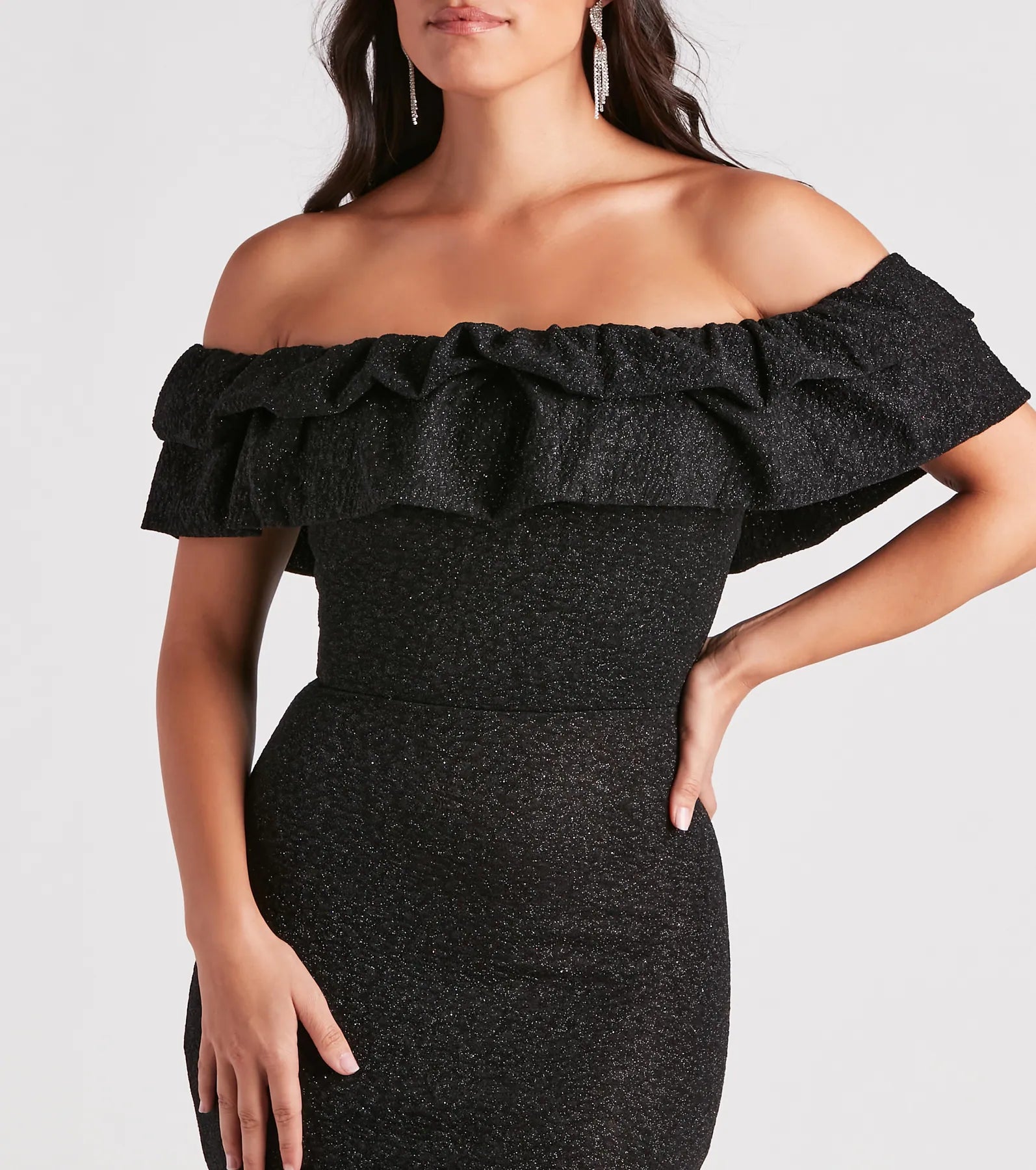 Halsey Glitter Mermaid Prom Dress – Off-Shoulder Ruffled Formal Gown