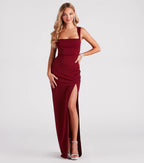 Savannah Crepe Column Prom Dress – Square Neck High Slit Formal Gown