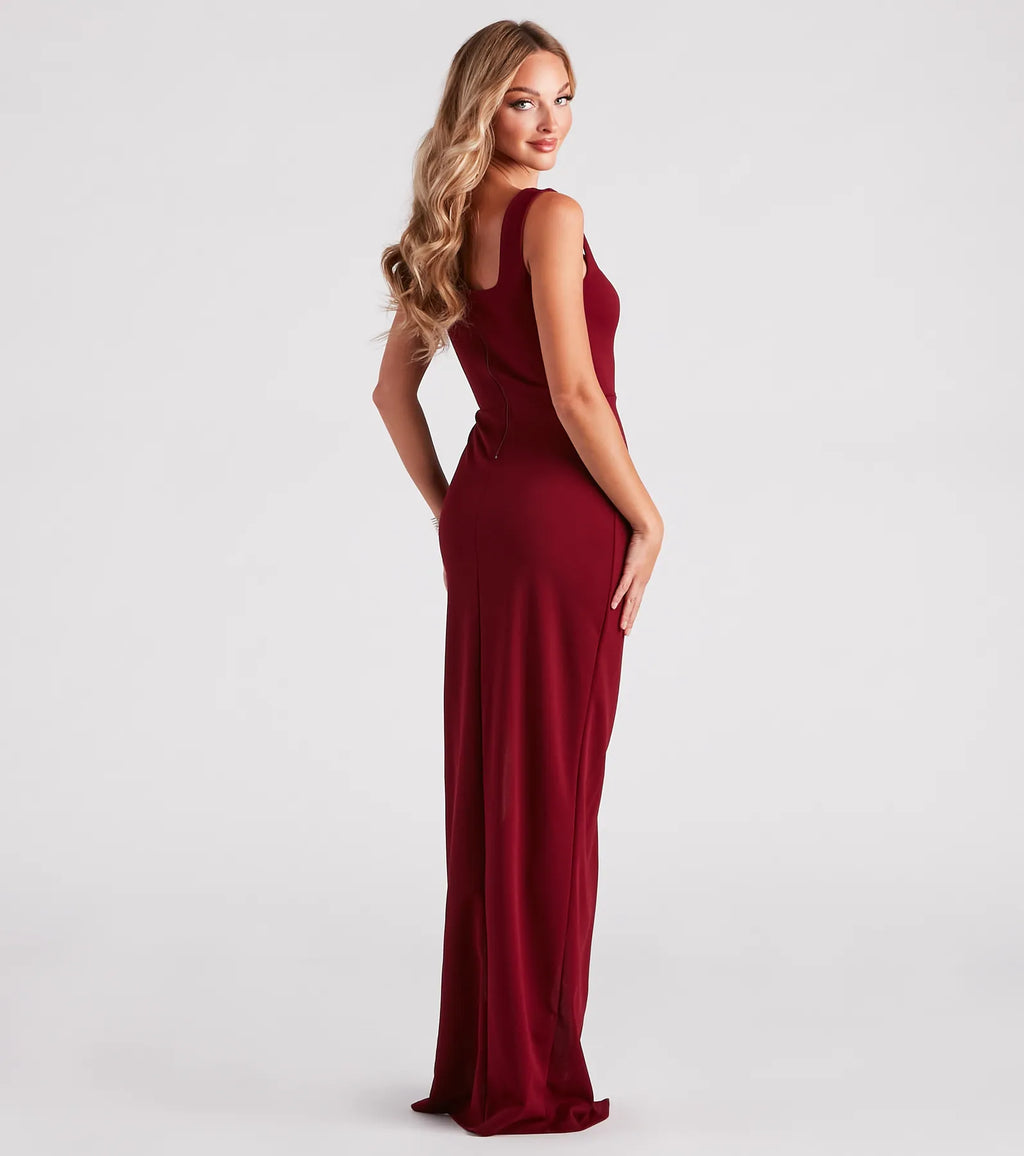 Savannah Crepe Column Prom Dress – Square Neck High Slit Formal Gown