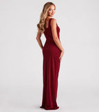 Savannah Crepe Column Prom Dress – Square Neck High Slit Formal Gown
