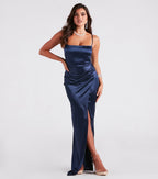 Mayra Satin Prom Dress – Square Neck High Slit Long Formal Gown