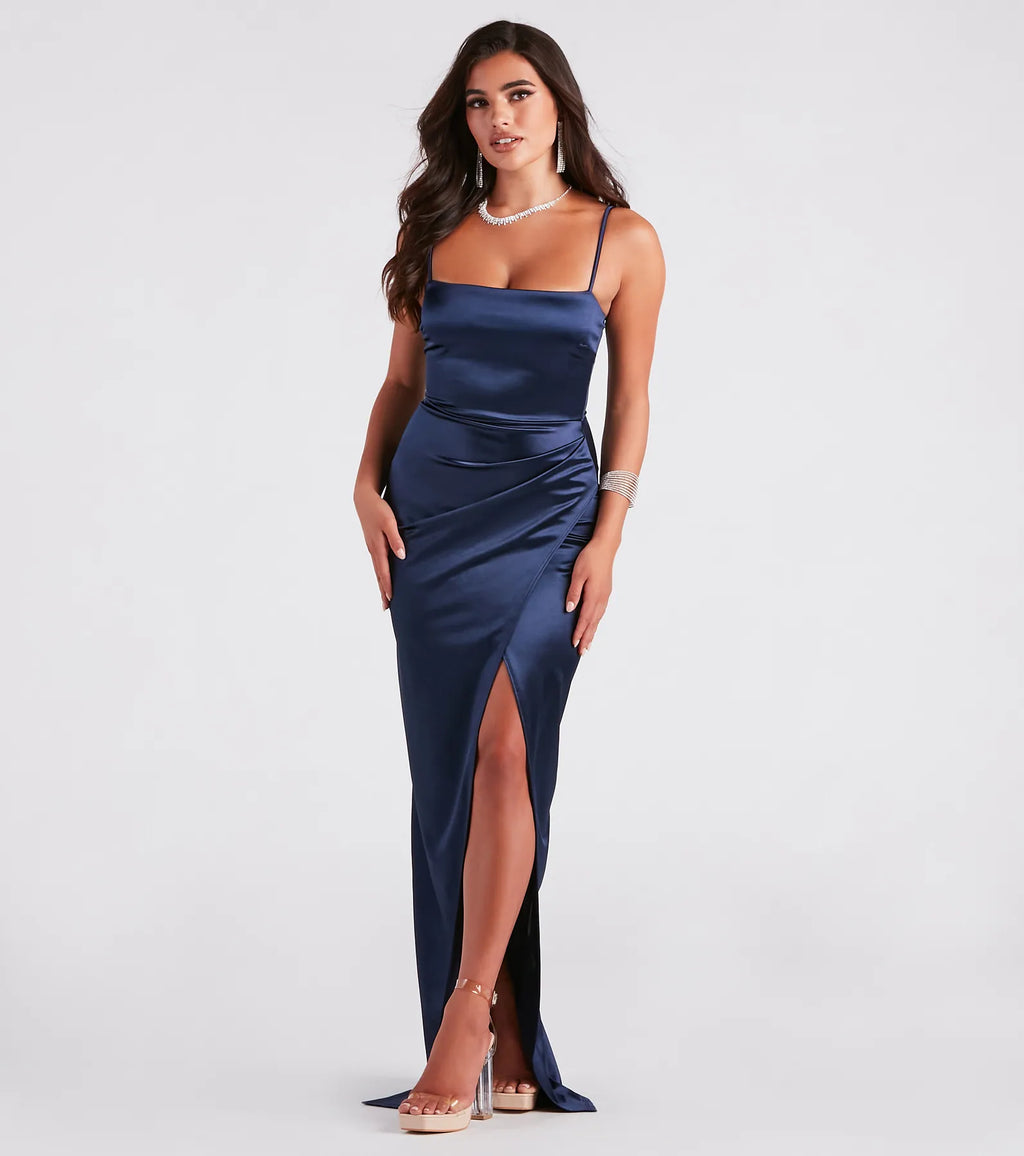 Mayra Satin Prom Dress – Square Neck High Slit Long Formal Gown
