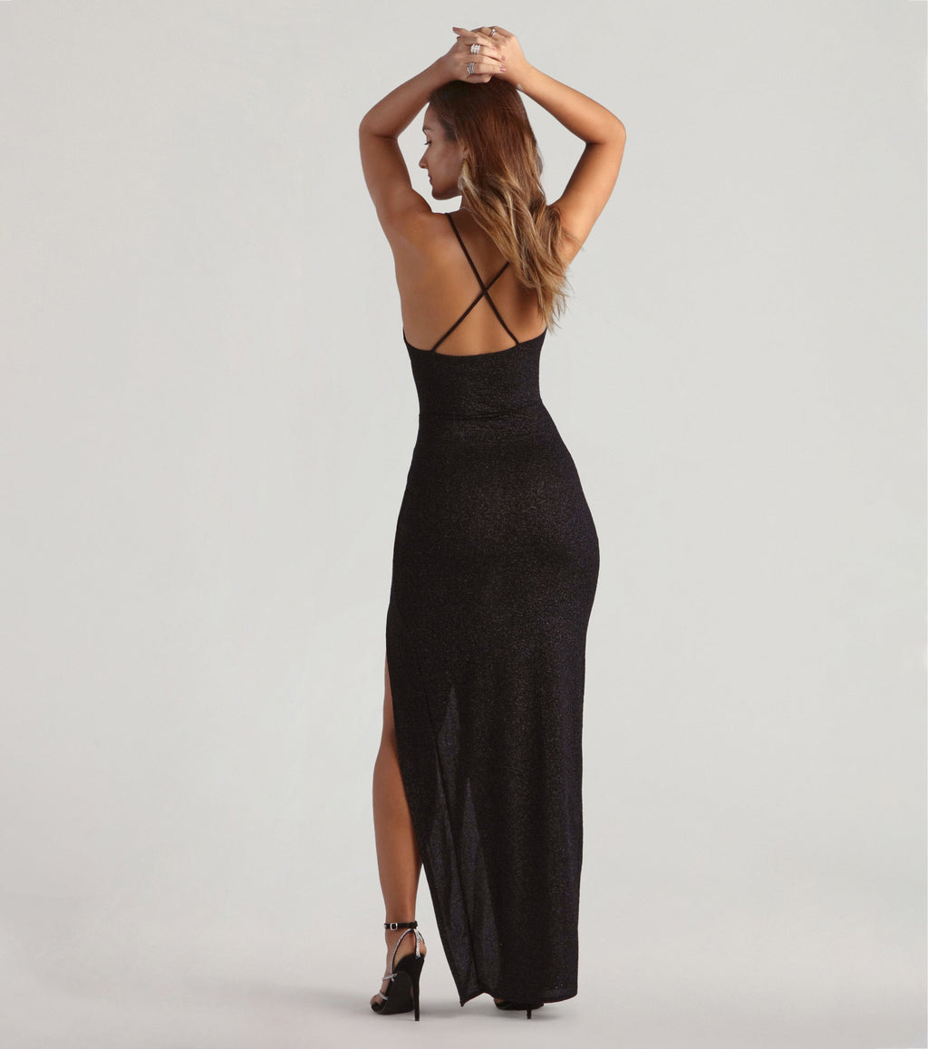 Amirah Glitter Column Prom Dress – Cowl Neck High Slit Formal Gown