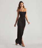 Amirah Glitter Column Prom Dress – Cowl Neck High Slit Formal Gown